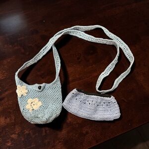 Handmade Light Blue Crochet Crossbody Bag with Flower Accents and pouch set